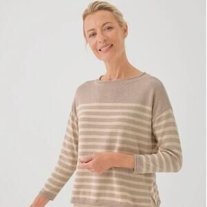 Pact Organic Cotton Fine Knit Roll Neck Sweater Womens Oat Stripe Coastal 3XL